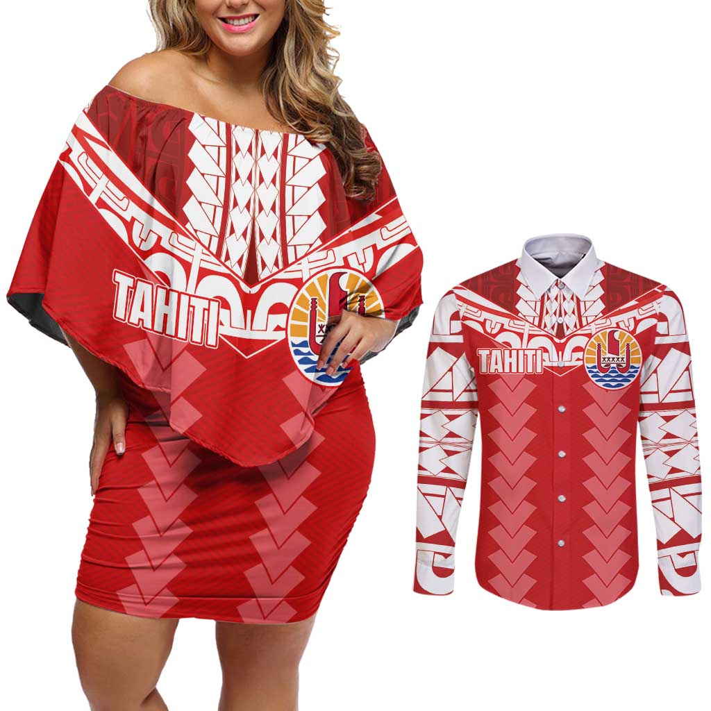 Custom Tahiti Football Polynesian Pattern Couples Matching Off Shoulder Short Dress and Long Sleeve Button Shirt