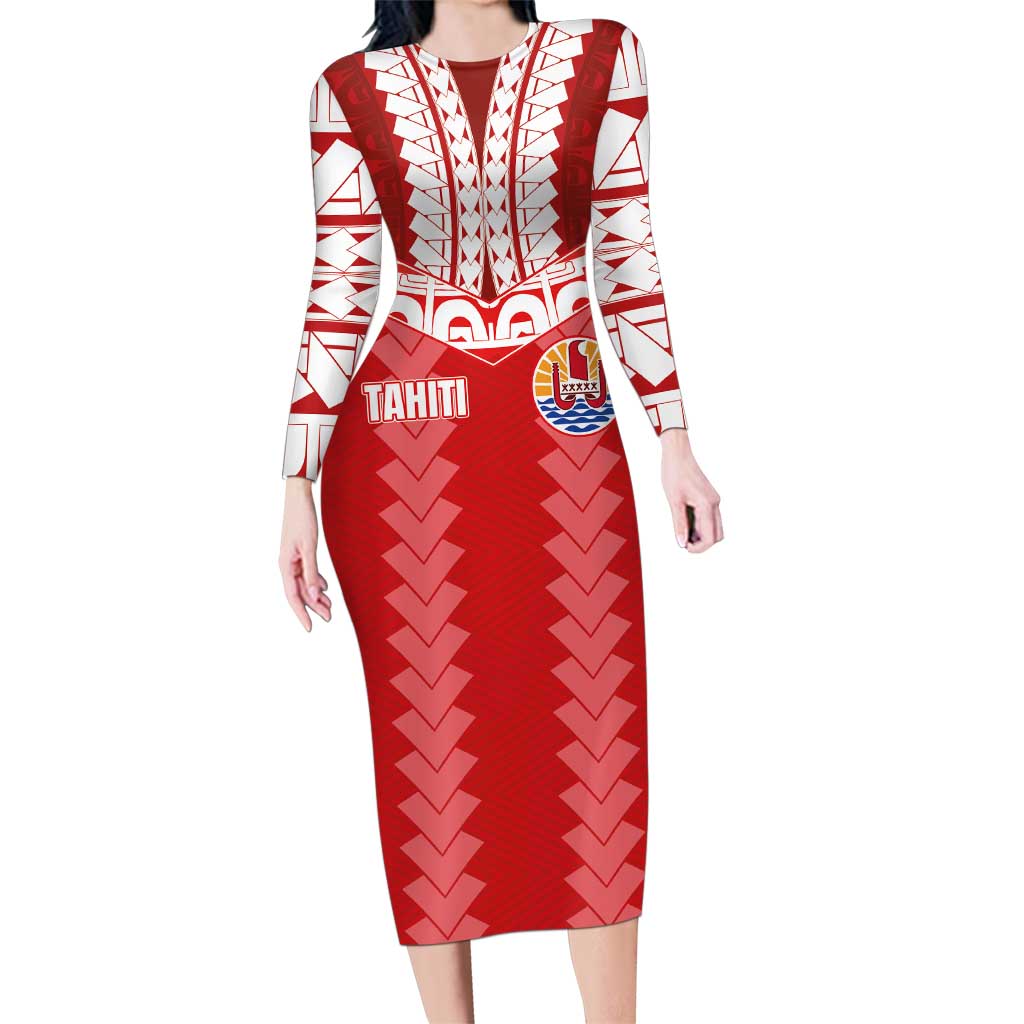 Custom Tahiti Football Polynesian Pattern Family Matching Long Sleeve Bodycon Dress and Hawaiian Shirt LT03 Mom's Dress Red - Polynesian Pride