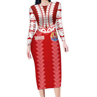 Custom Tahiti Football Polynesian Pattern Family Matching Long Sleeve Bodycon Dress and Hawaiian Shirt LT03 Mom's Dress Red - Polynesian Pride