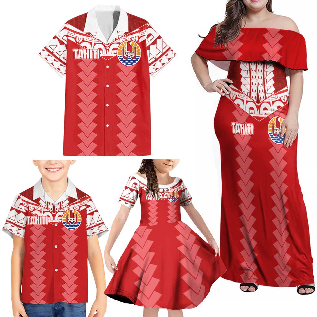 Custom Tahiti Football Polynesian Pattern Family Matching Off Shoulder Maxi Dress and Hawaiian Shirt