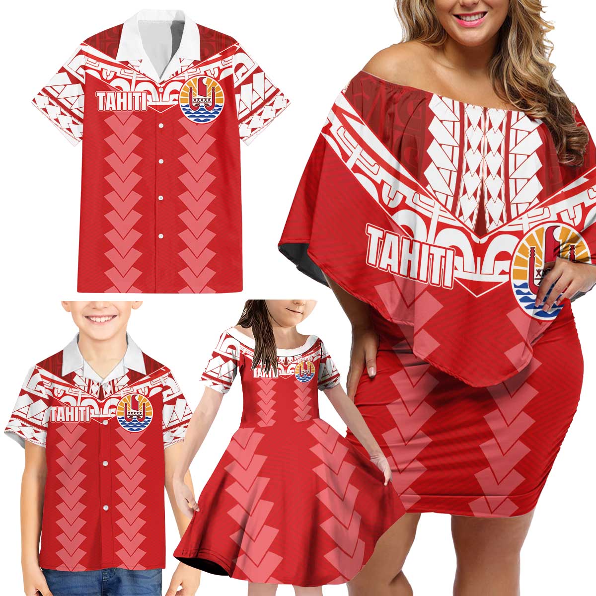 Custom Tahiti Football Polynesian Pattern Family Matching Off Shoulder Short Dress and Hawaiian Shirt