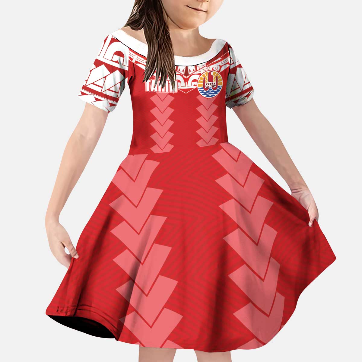 Custom Tahiti Football Polynesian Pattern Family Matching Puletasi and Hawaiian Shirt LT03 Daughter's Dress Red - Polynesian Pride
