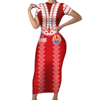 Custom Tahiti Football Polynesian Pattern Family Matching Short Sleeve Bodycon Dress and Hawaiian Shirt LT03 Mom's Dress Red - Polynesian Pride