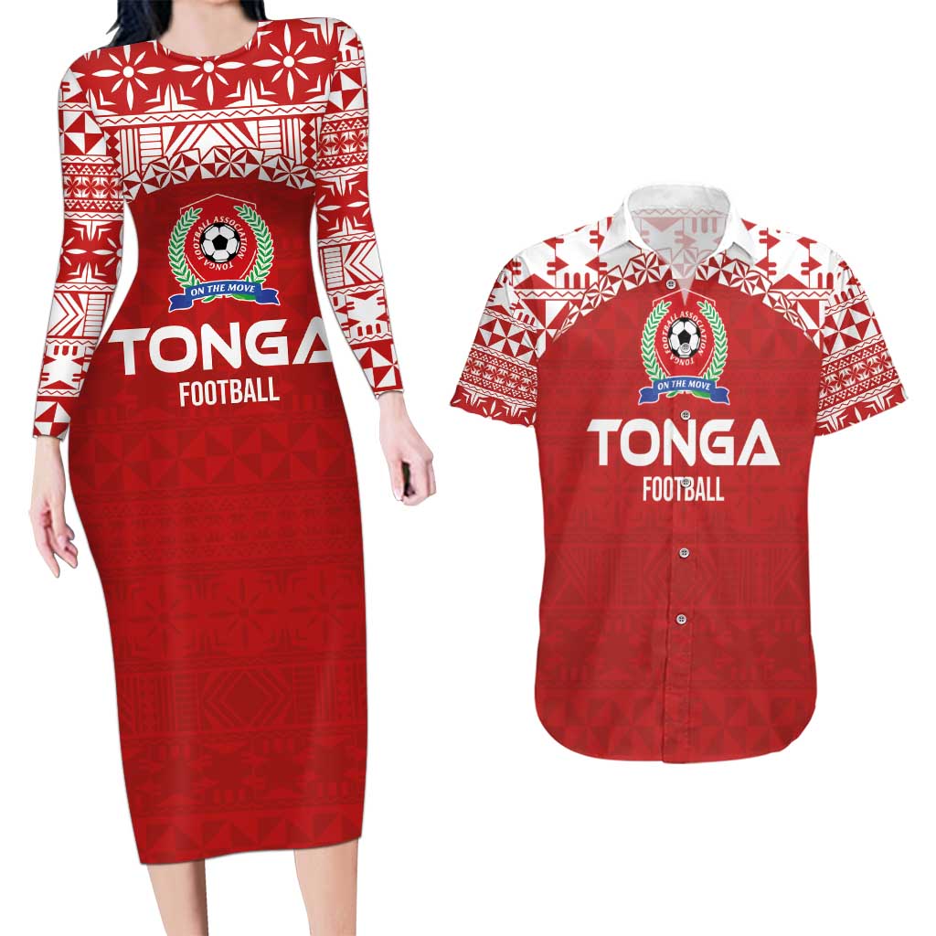 Custom Tonga Football Ngatu Tribal Tattoo Couples Matching Long Sleeve Bodycon Dress and Hawaiian Shirt