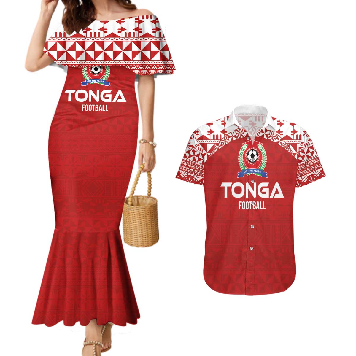 Custom Tonga Football Ngatu Tribal Tattoo Couples Matching Mermaid Dress and Hawaiian Shirt LT03 Red - Polynesian Pride