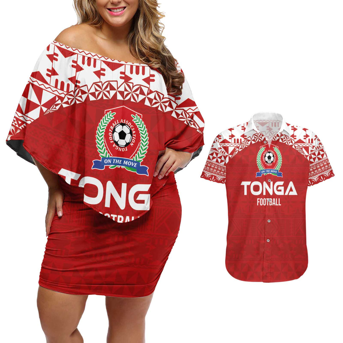 Custom Tonga Football Ngatu Tribal Tattoo Couples Matching Off Shoulder Short Dress and Hawaiian Shirt LT03 Red - Polynesian Pride