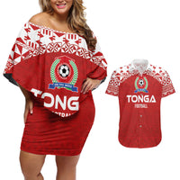 Custom Tonga Football Ngatu Tribal Tattoo Couples Matching Off Shoulder Short Dress and Hawaiian Shirt LT03 Red - Polynesian Pride