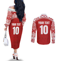 Custom Tonga Football Ngatu Tribal Tattoo Couples Matching Off The Shoulder Long Sleeve Dress and Long Sleeve Button Shirt LT03 - Polynesian Pride