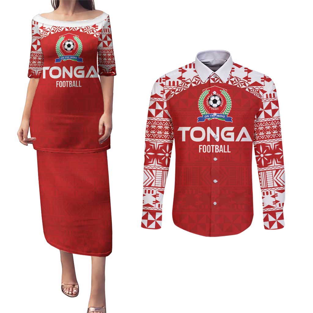 Custom Tonga Football Ngatu Tribal Tattoo Couples Matching Puletasi and Long Sleeve Button Shirt