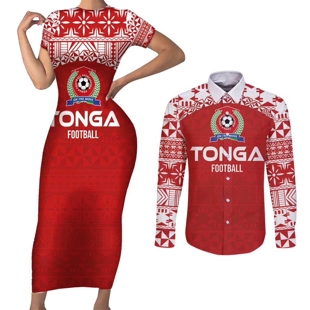 Custom Tonga Football Ngatu Tribal Tattoo Couples Matching Short Sleeve Bodycon Dress and Long Sleeve Button Shirt