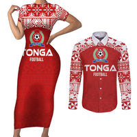 Custom Tonga Football Ngatu Tribal Tattoo Couples Matching Short Sleeve Bodycon Dress and Long Sleeve Button Shirt LT03 Red - Polynesian Pride