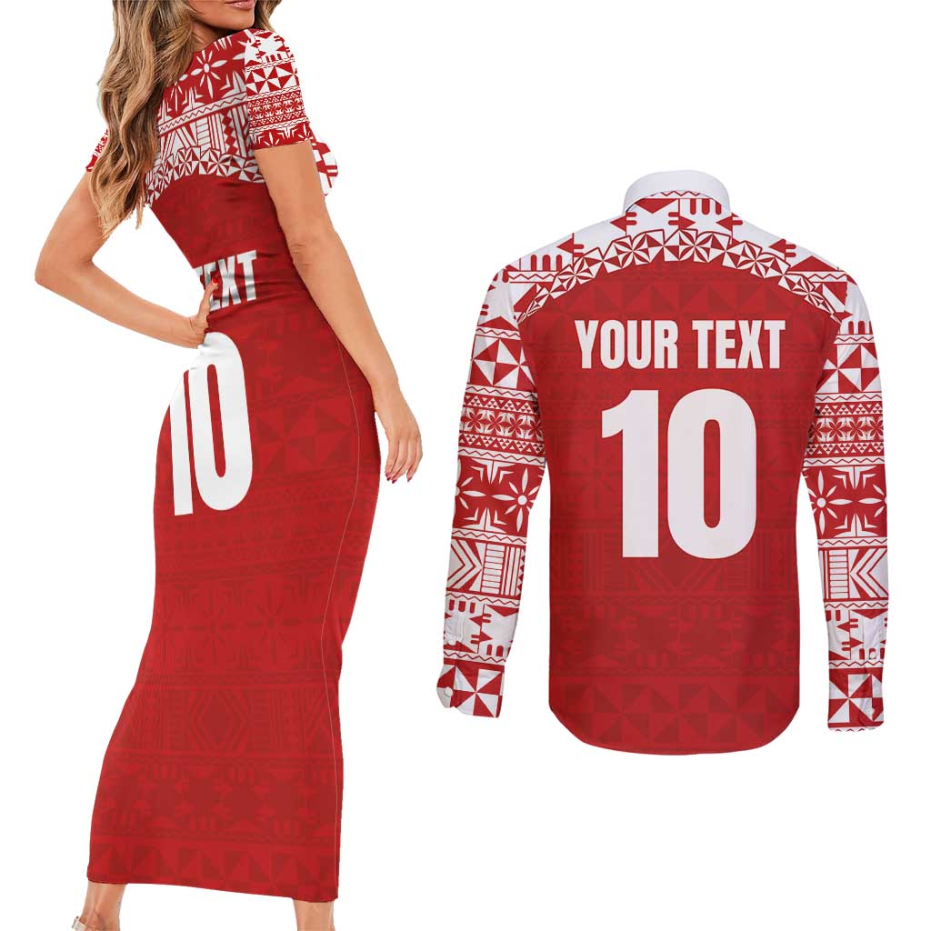 Custom Tonga Football Ngatu Tribal Tattoo Couples Matching Short Sleeve Bodycon Dress and Long Sleeve Button Shirt LT03 - Polynesian Pride