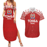 Custom Tonga Football Ngatu Tribal Tattoo Couples Matching Summer Maxi Dress and Hawaiian Shirt LT03 Red - Polynesian Pride