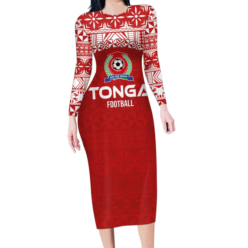 Custom Tonga Football Ngatu Tribal Tattoo Family Matching Long Sleeve Bodycon Dress and Hawaiian Shirt LT03 Mom's Dress Red - Polynesian Pride