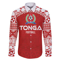 Custom Tonga Football Ngatu Tribal Tattoo Family Matching Mermaid Dress and Hawaiian Shirt LT03 Dad's Shirt - Long Sleeve Red - Polynesian Pride