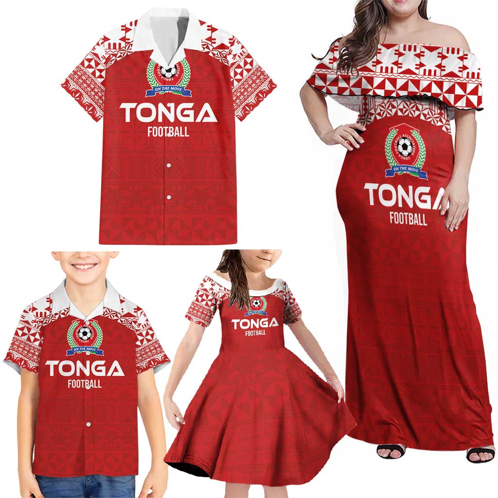 Custom Tonga Football Ngatu Tribal Tattoo Family Matching Off Shoulder Maxi Dress and Hawaiian Shirt