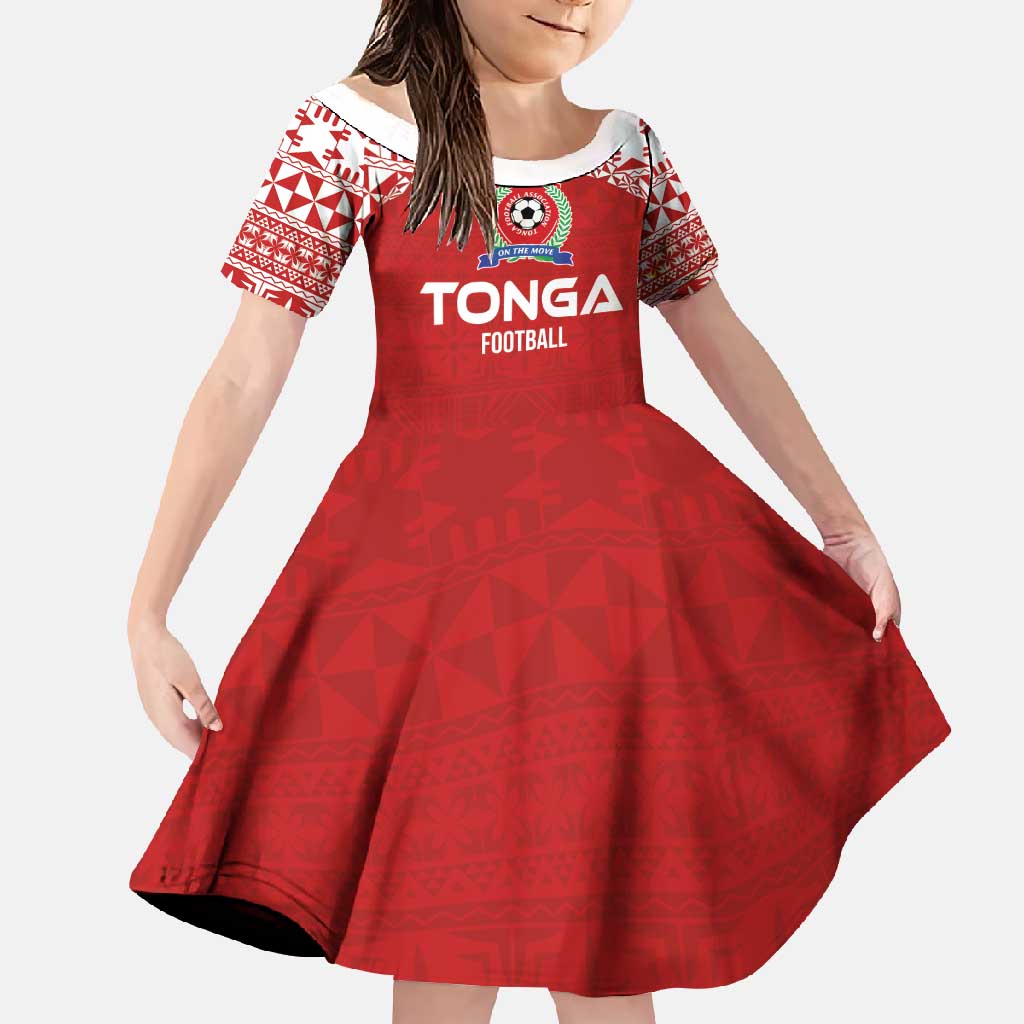 Custom Tonga Football Ngatu Tribal Tattoo Family Matching Short Sleeve Bodycon Dress and Hawaiian Shirt LT03 Daughter's Dress Red - Polynesian Pride