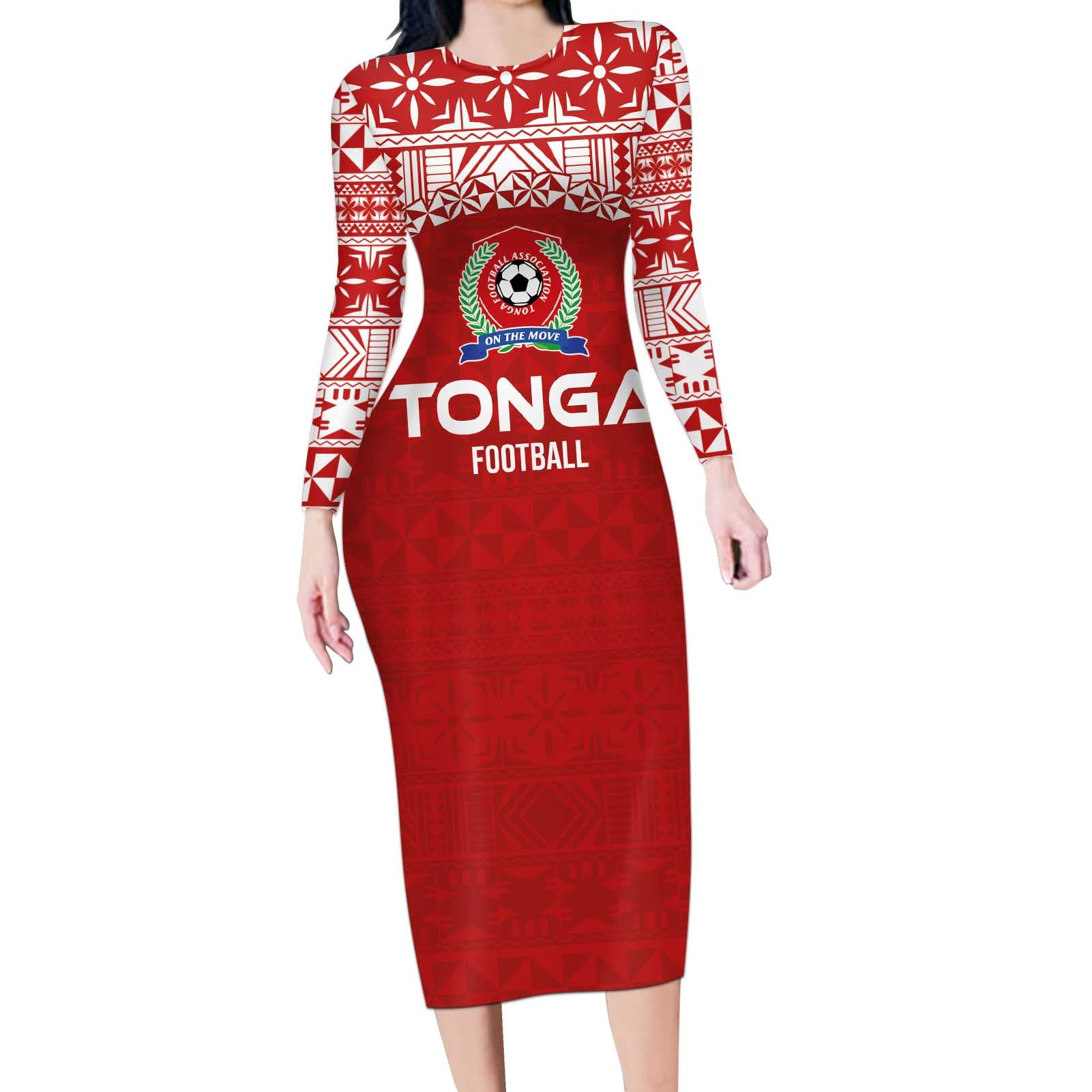 Custom Tonga Football Ngatu Tribal Tattoo Long Sleeve Bodycon Dress