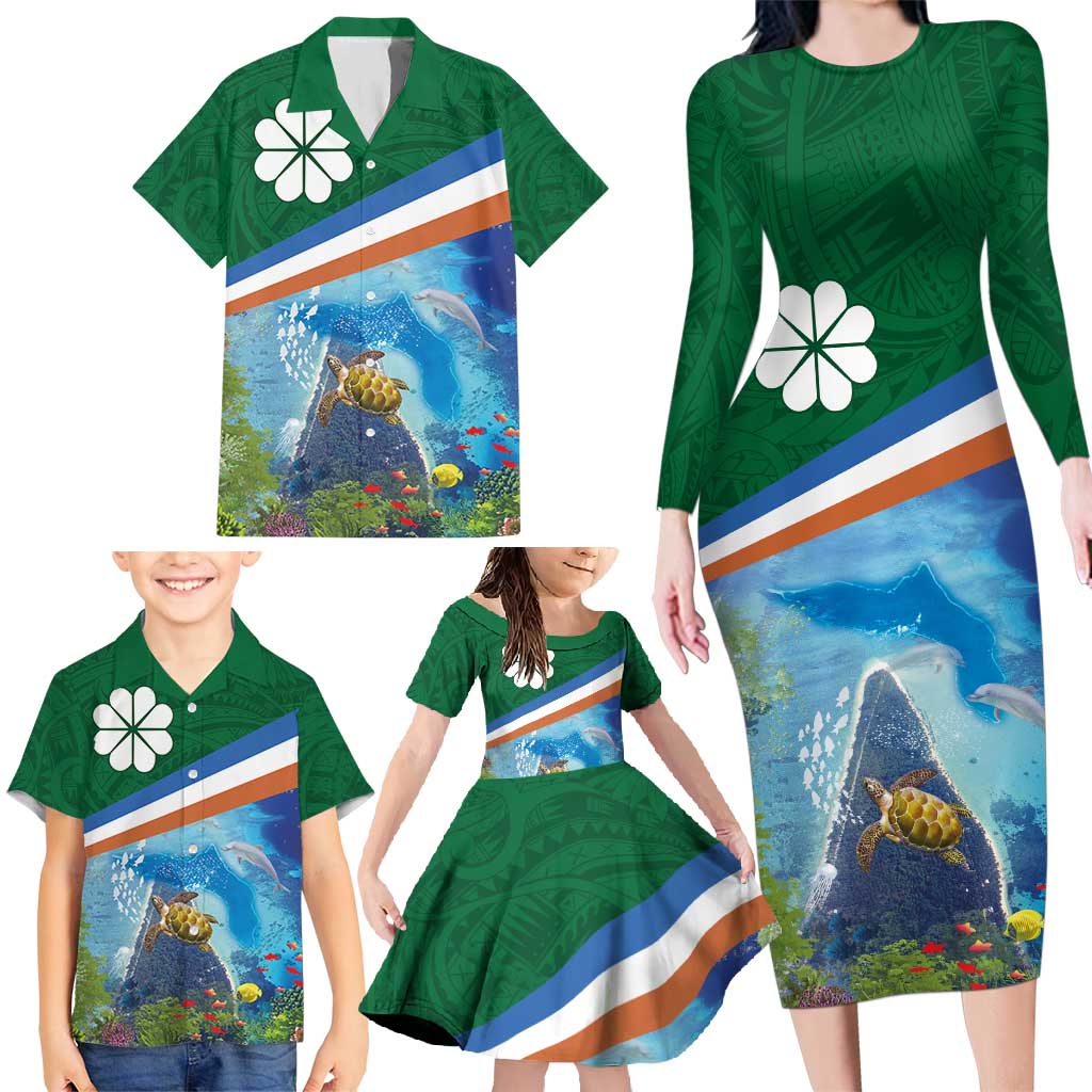 Marshall Islands Kwajalein Atoll Family Matching Long Sleeve Bodycon Dress and Hawaiian Shirt Polynesian Pattern and Undersea Animals