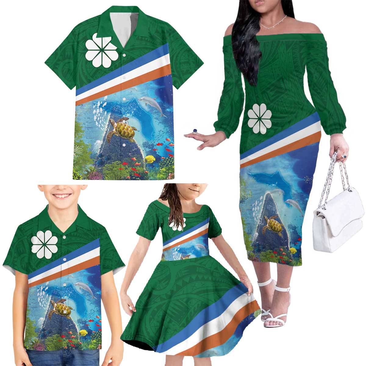 Marshall Islands Kwajalein Atoll Family Matching Off The Shoulder Long Sleeve Dress and Hawaiian Shirt Polynesian Pattern and Undersea Animals