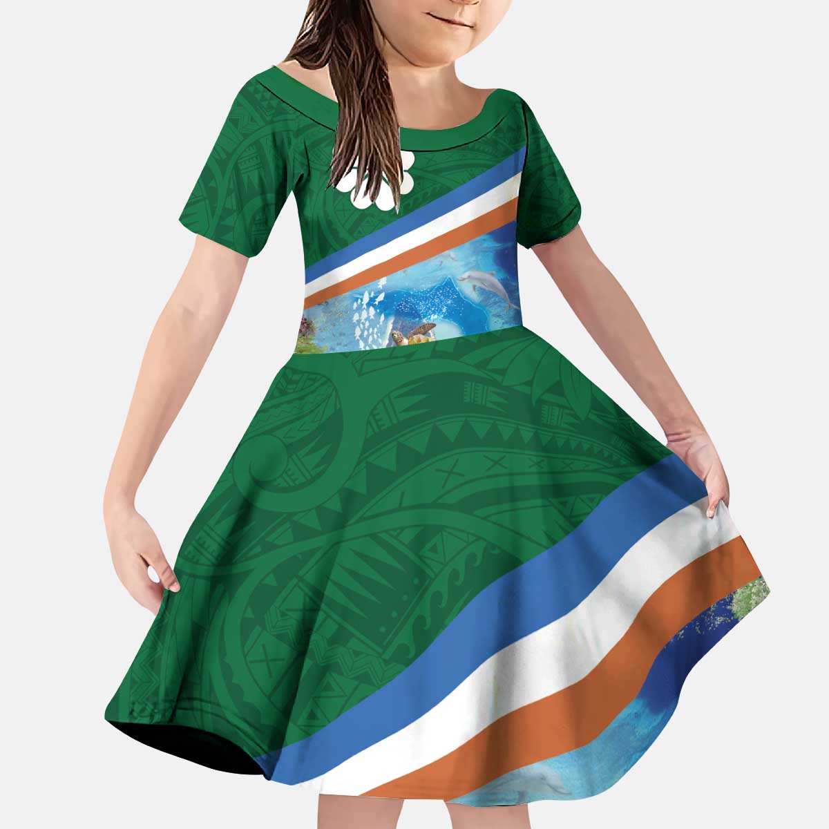 Marshall Islands Kwajalein Atoll Kid Short Sleeve Dress Polynesian Pattern and Undersea Animals