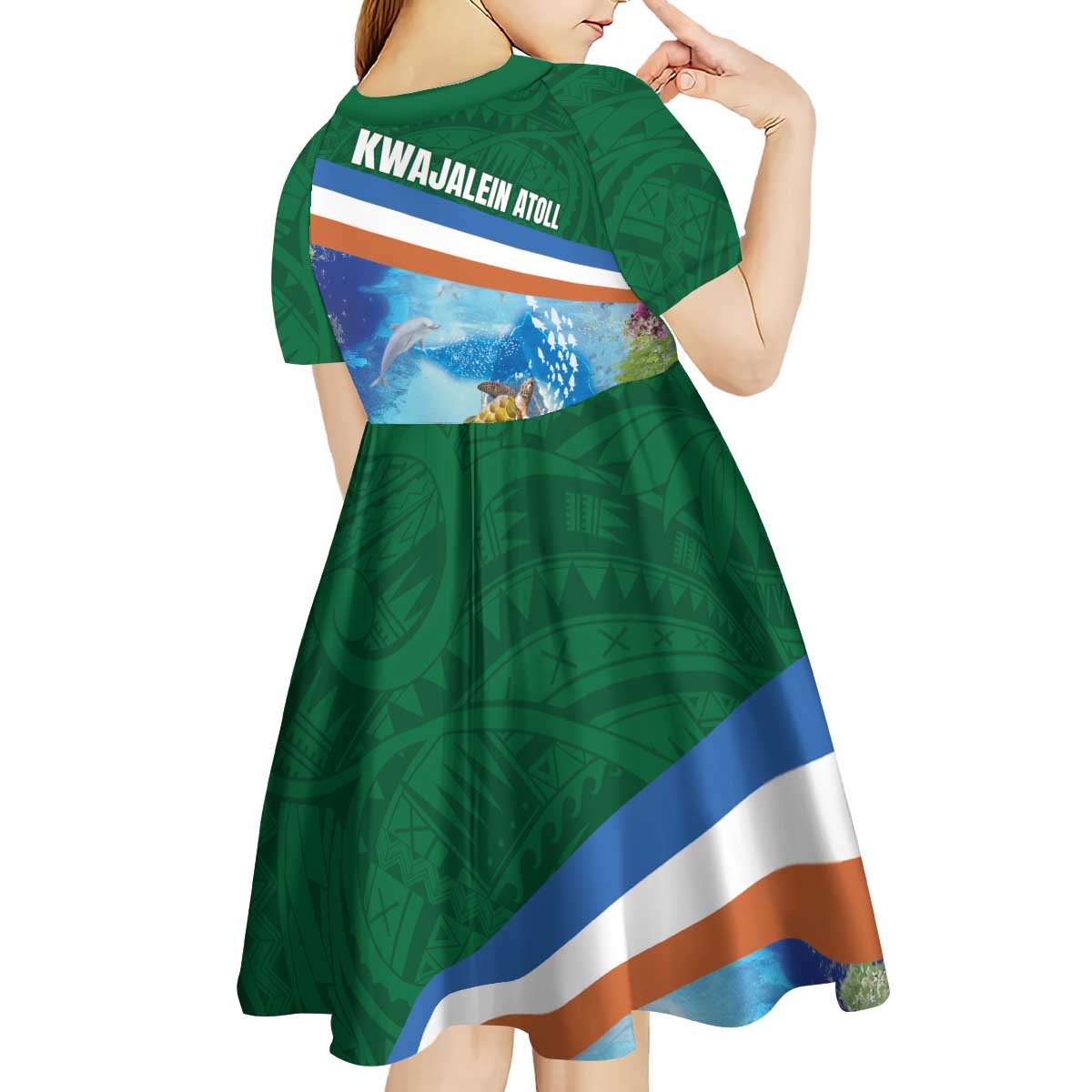 Marshall Islands Kwajalein Atoll Kid Short Sleeve Dress Polynesian Pattern and Undersea Animals