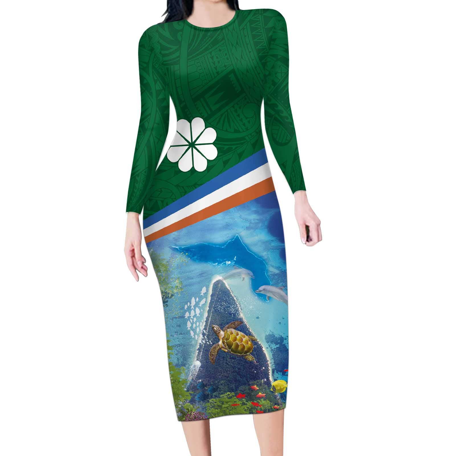 Marshall Islands Kwajalein Atoll Long Sleeve Bodycon Dress Polynesian Pattern and Undersea Animals