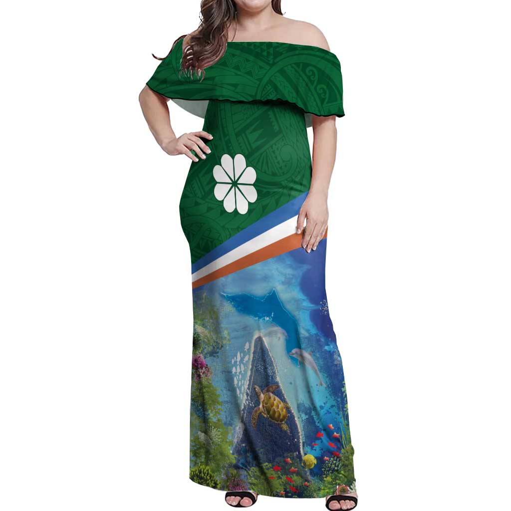 Marshall Islands Kwajalein Atoll Off Shoulder Maxi Dress Polynesian Pattern and Undersea Animals