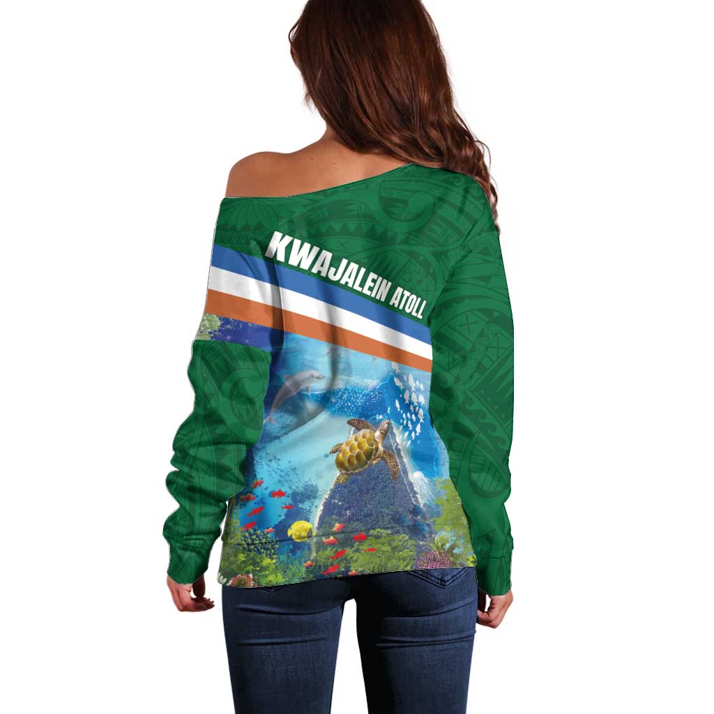 Marshall Islands Kwajalein Atoll Off Shoulder Sweater Polynesian Pattern and Undersea Animals