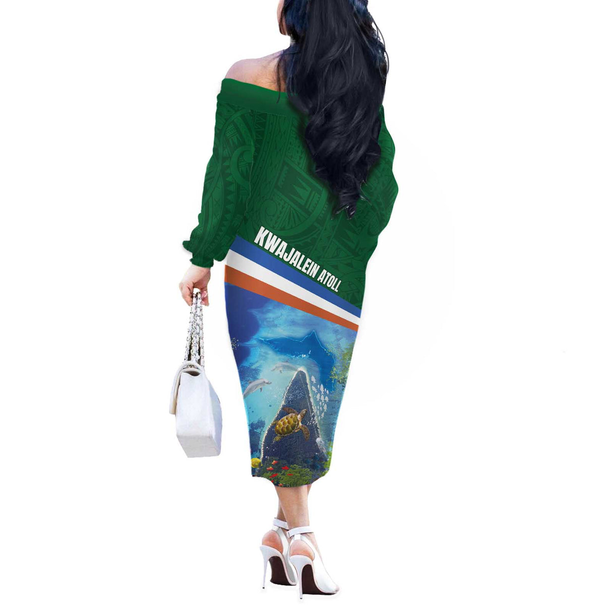 Marshall Islands Kwajalein Atoll Off The Shoulder Long Sleeve Dress Polynesian Pattern and Undersea Animals
