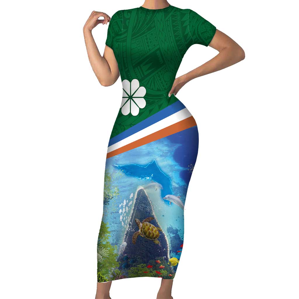 Marshall Islands Kwajalein Atoll Short Sleeve Bodycon Dress Polynesian Pattern and Undersea Animals