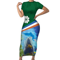 Marshall Islands Kwajalein Atoll Short Sleeve Bodycon Dress Polynesian Pattern and Undersea Animals