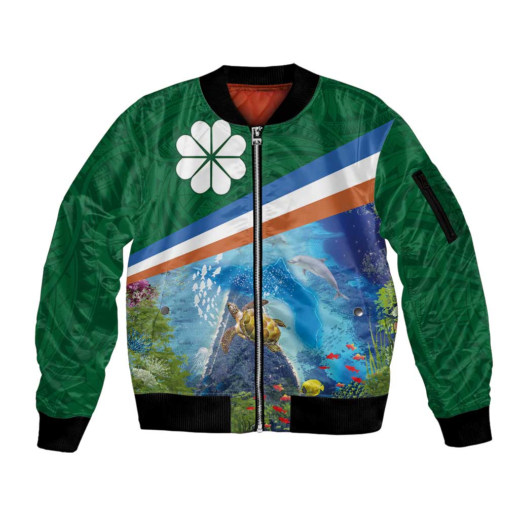 Marshall Islands Kwajalein Atoll Sleeve Zip Bomber Jacket Polynesian Pattern and Undersea Animals