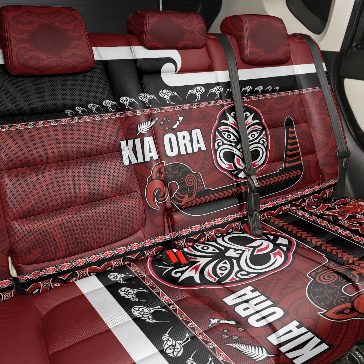 New Zealand Culture Back Car Seat Cover Kia Ora Aotearoa Moko Tattoo Mask with Waka and Maori Art Pattern