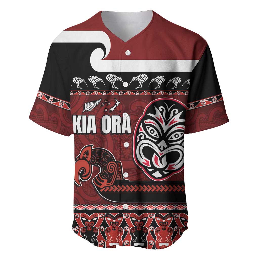 New Zealand Culture Baseball Jersey Kia Ora Aotearoa Moko Tattoo Mask with Waka and Maori Art Pattern