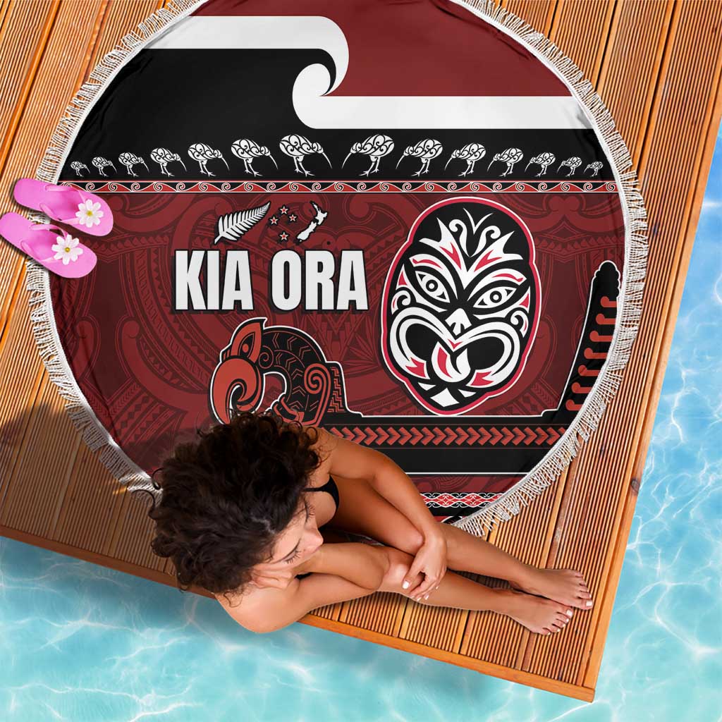 New Zealand Culture Beach Blanket Kia Ora Aotearoa Moko Tattoo Mask with Waka and Maori Art Pattern