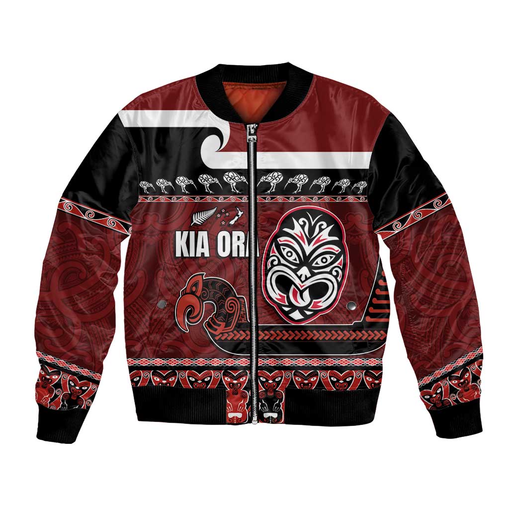 New Zealand Culture Bomber Jacket Kia Ora Aotearoa Moko Tattoo Mask with Waka and Maori Art Pattern