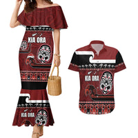 New Zealand Culture Couples Matching Mermaid Dress and Hawaiian Shirt Kia Ora Aotearoa Moko Tattoo Mask with Waka and Maori Art Pattern LT03 Red - Polynesian Pride