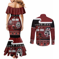 New Zealand Culture Couples Matching Mermaid Dress and Long Sleeve Button Shirt Kia Ora Aotearoa Moko Tattoo Mask with Waka and Maori Art Pattern LT03 - Polynesian Pride