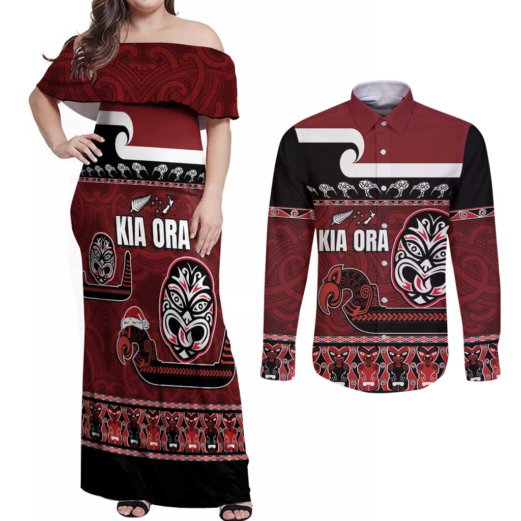 New Zealand Culture Couples Matching Off Shoulder Maxi Dress and Long Sleeve Button Shirt Kia Ora Aotearoa Moko Tattoo Mask with Waka and Maori Art Pattern LT03 Red - Polynesian Pride