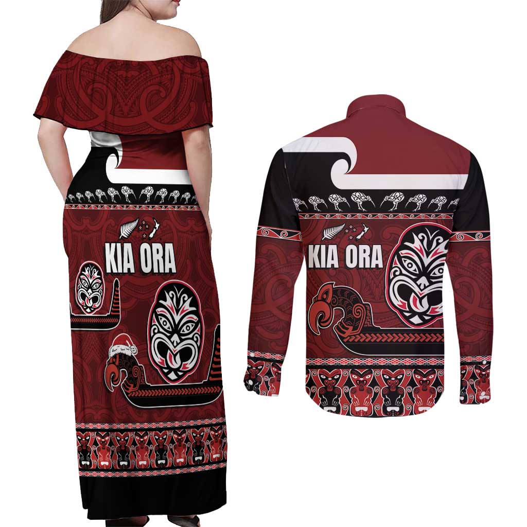 New Zealand Culture Couples Matching Off Shoulder Maxi Dress and Long Sleeve Button Shirt Kia Ora Aotearoa Moko Tattoo Mask with Waka and Maori Art Pattern LT03 - Polynesian Pride