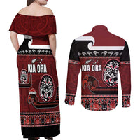 New Zealand Culture Couples Matching Off Shoulder Maxi Dress and Long Sleeve Button Shirt Kia Ora Aotearoa Moko Tattoo Mask with Waka and Maori Art Pattern LT03 - Polynesian Pride