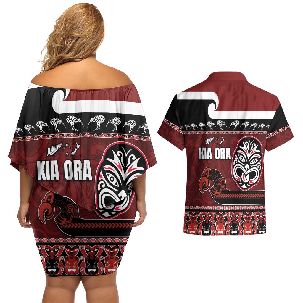 New Zealand Culture Couples Matching Off Shoulder Short Dress and Hawaiian Shirt Kia Ora Aotearoa Moko Tattoo Mask with Waka and Maori Art Pattern LT03 - Polynesian Pride