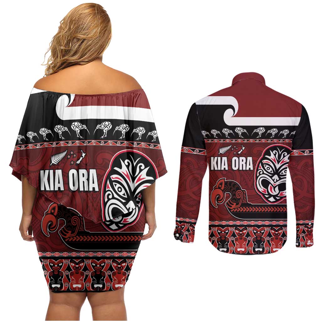New Zealand Culture Couples Matching Off Shoulder Short Dress and Long Sleeve Button Shirt Kia Ora Aotearoa Moko Tattoo Mask with Waka and Maori Art Pattern LT03 - Polynesian Pride