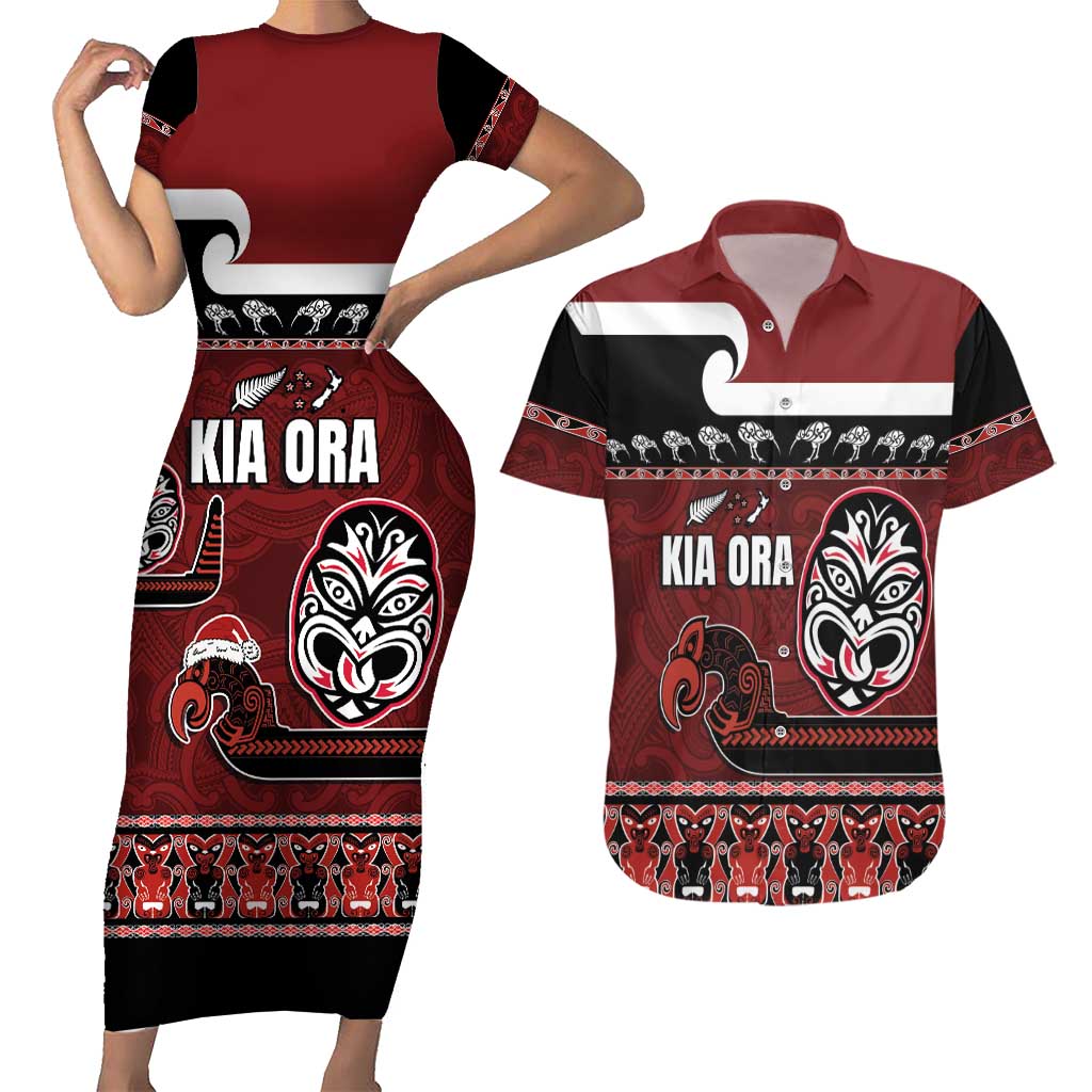 New Zealand Culture Couples Matching Short Sleeve Bodycon Dress and Hawaiian Shirt Kia Ora Aotearoa Moko Tattoo Mask with Waka and Maori Art Pattern