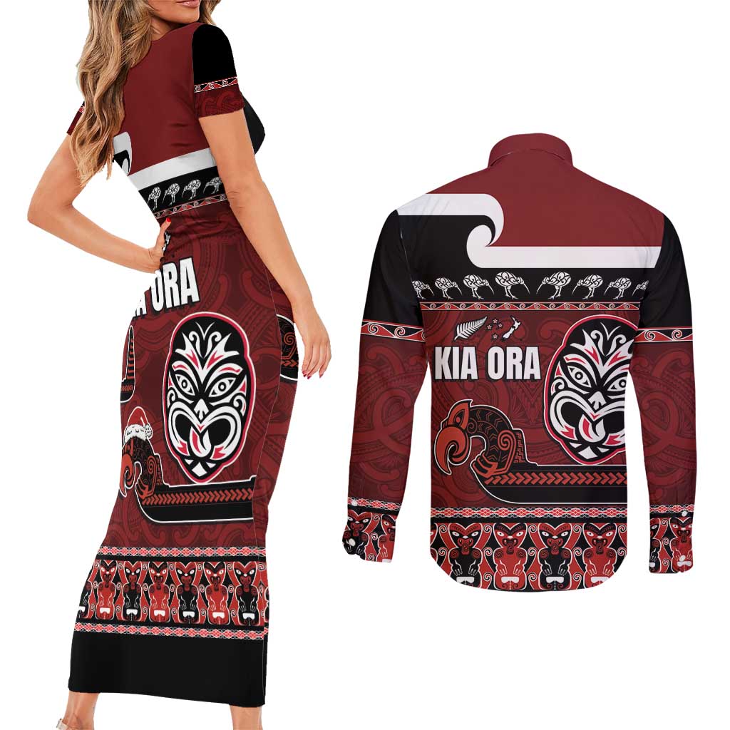 New Zealand Culture Couples Matching Short Sleeve Bodycon Dress and Long Sleeve Button Shirt Kia Ora Aotearoa Moko Tattoo Mask with Waka and Maori Art Pattern LT03 - Polynesian Pride