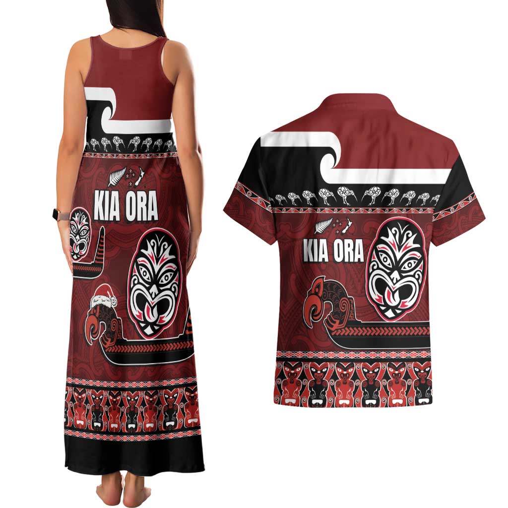 New Zealand Culture Couples Matching Tank Maxi Dress and Hawaiian Shirt Kia Ora Aotearoa Moko Tattoo Mask with Waka and Maori Art Pattern LT03 - Polynesian Pride