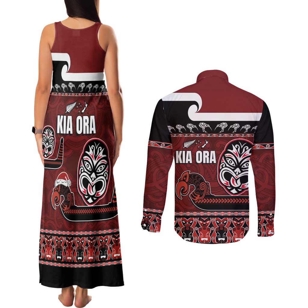 New Zealand Culture Couples Matching Tank Maxi Dress and Long Sleeve Button Shirt Kia Ora Aotearoa Moko Tattoo Mask with Waka and Maori Art Pattern LT03 - Polynesian Pride