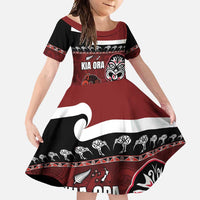 New Zealand Culture Family Matching Long Sleeve Bodycon Dress and Hawaiian Shirt Kia Ora Aotearoa Moko Tattoo Mask with Waka and Maori Art Pattern LT03 Daughter's Dress Red - Polynesian Pride