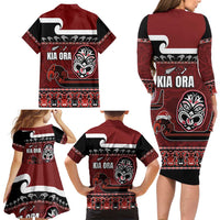New Zealand Culture Family Matching Long Sleeve Bodycon Dress and Hawaiian Shirt Kia Ora Aotearoa Moko Tattoo Mask with Waka and Maori Art Pattern LT03 - Polynesian Pride